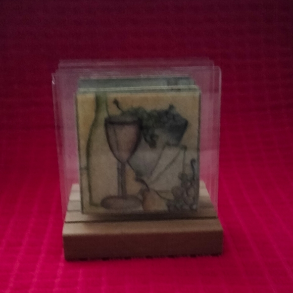 Artisian Glass Coasters Set 4 Martini Themed Bar Cork Back With Stand - Picture 2 of 8